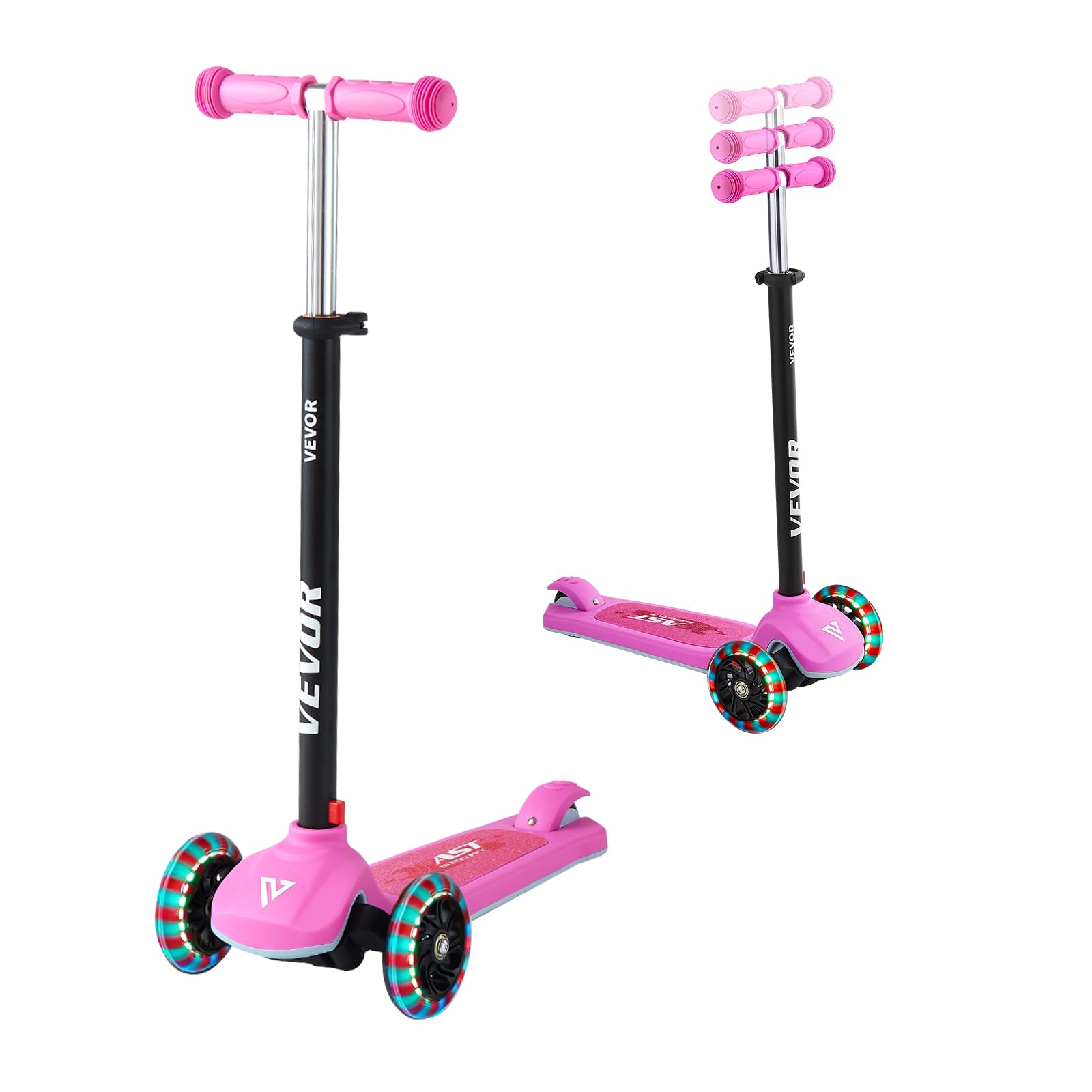 VEVOR 3-Wheel Scooter for Children 3 Years and Up, Illuminated Wheels, Adjustable Height Handlebar, Non-Slip Base and Lightweight Aluminium Frame, up to 75 kg, Pink, 520 x 250 x 800 mm
