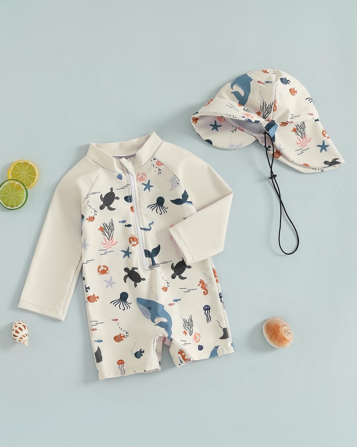 WYTbaby Costume intero da bagno per bambini, a maniche lunghe, con cappello da sole