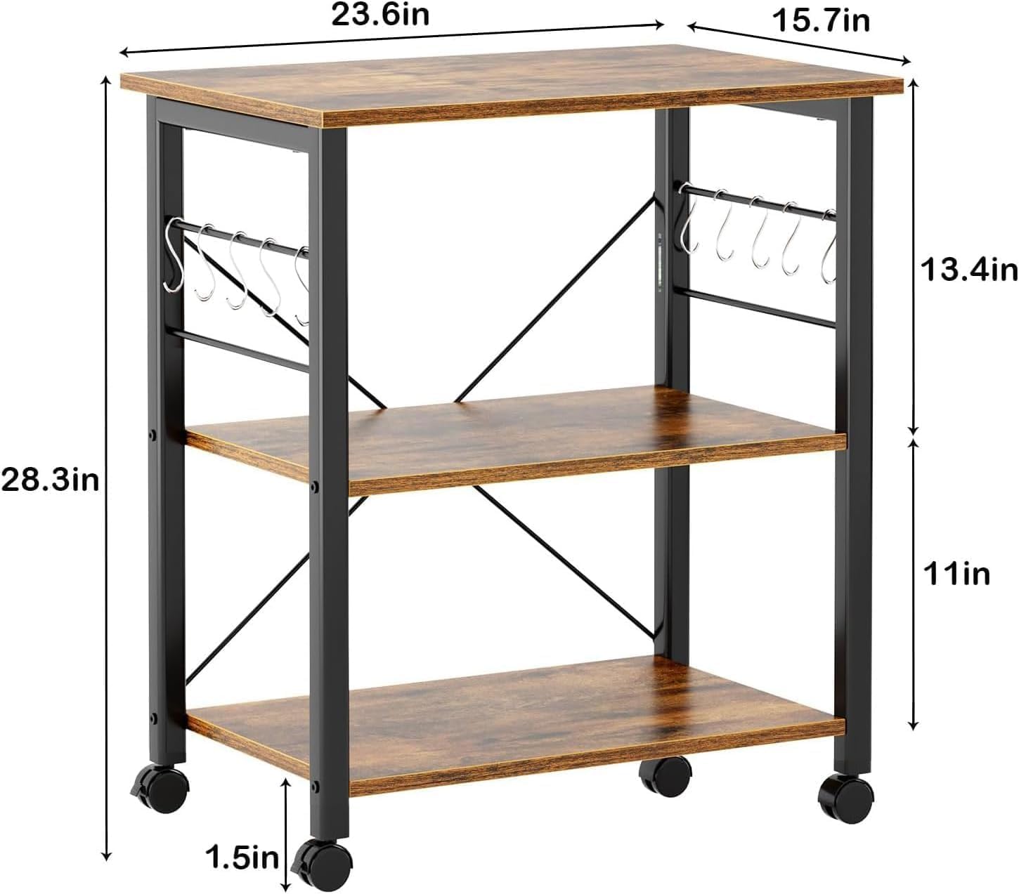 sogesfurniture 3-Tier Kitchen Baker's Rack Utility Shelf Microwave Oven Stand Storage Cart Workstation Shelf 3-Tier Kitchen Utility Cart on Wheels with Storage, Rustic Brown