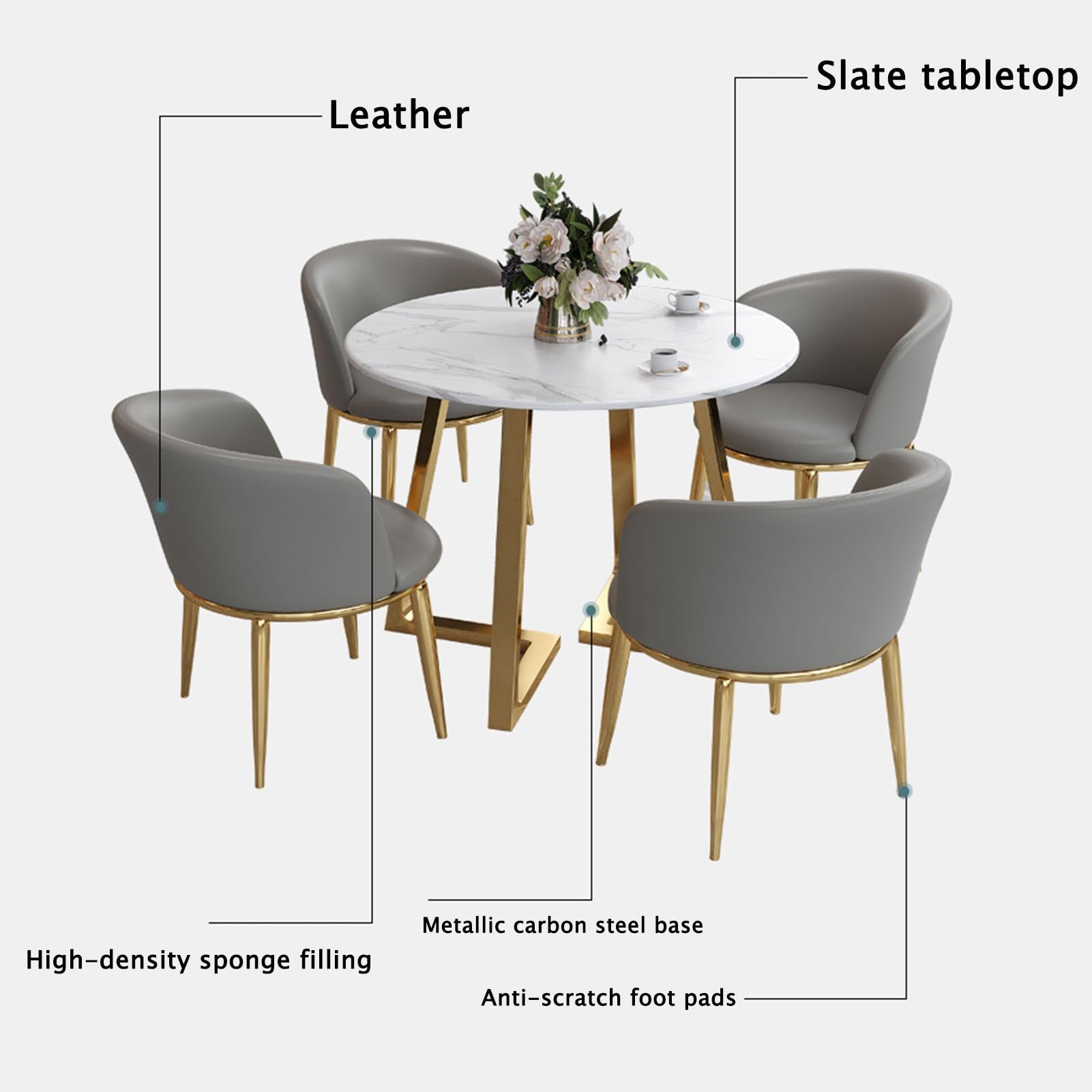 Juego de Comedor Redondo de 5 Piezas para Oficina o Sala de recepción, con Mesa de Comedor de 80 cm y 4 sillones de Cuero Azul.