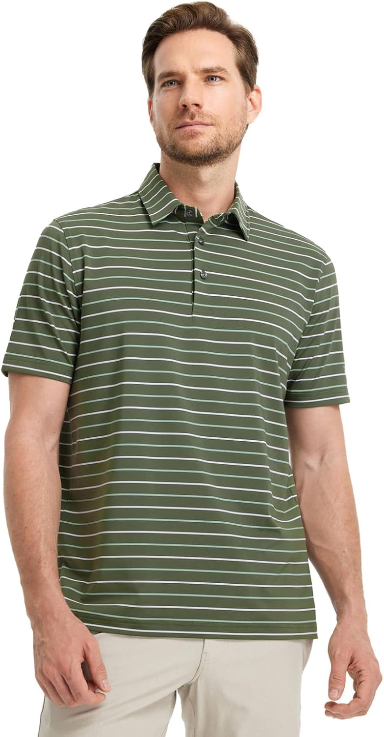 M MAELREG Golf Shirts for Men Short Sleeve Dry Fit Striped Performance Lightweight Moisture Wicking Collared Casual Golf Polo