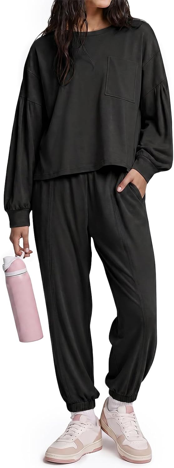 Kolagri Womens Two Piece Lounge Sets Puff Long Sleeve Travel Sweat Set | Crew Neck Tops, High Waisted Jogger Pants, Soft Comfortable, Yoga Workout, Relaxing at Home, 2 Piece Cozy Loungewear