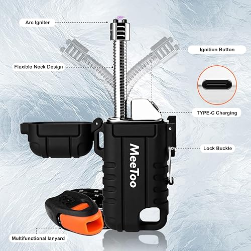 Miniatura 3 de MeeToo Encendedor eléctrico de arco recargable USB tipo C, de plasma, impermeable, resistente al viento, con silbato de emergencia de supervivencia