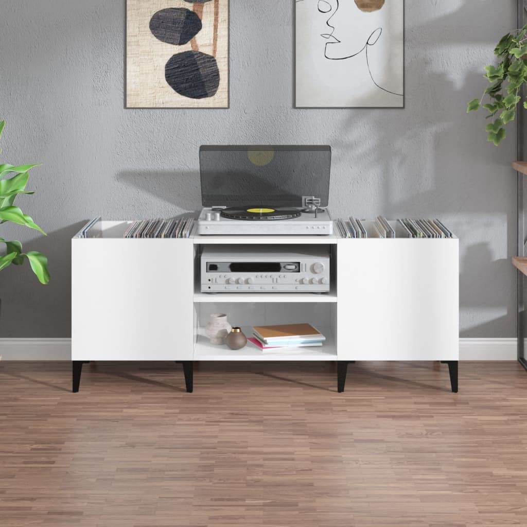 Mobile Porta Dischi, Scaffale per Vinili con Piano Robusto e Gambe in Metallo 121x38x48 cm in Legno Multistrato Bianco Lucido for Collezione Disco LP, Giradischi e Accessori Audio in Soggiorno