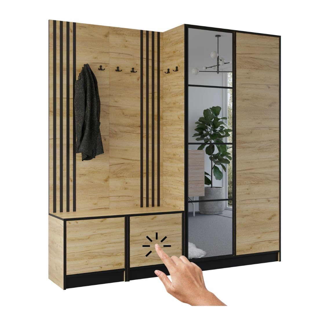 KIER FURNITURE Flurgarderobe Modern - Garderobenschrank mit Sitzbank, Haken und Schuhschrank - Flur Möbel Geräumig und Stilvoll - BxHxT 211,2x205x39cm - Craft Eiche