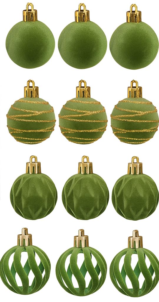 12 Pack Green Velvet Christmas Baubles 4cm – Luxury Shatterproof Tree Ornaments in 4 Elegant Designs | Emerald Green Decorations with Gold Glitter | Xmas Hanging Balls for Tree, Wreath & Home Décor