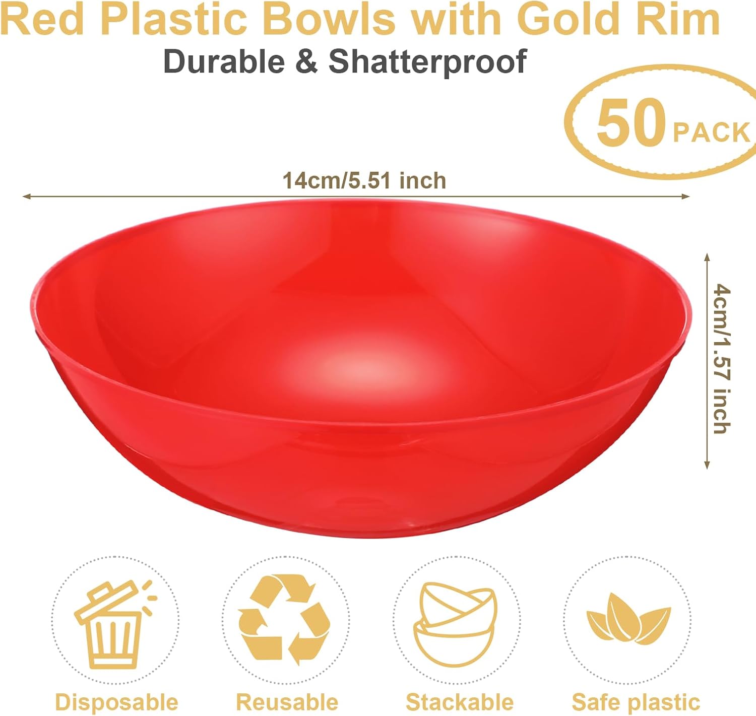 Newtay 50 Pcs 12 oz Red Plastic Bowls Bulk Disposable Plastic Party Bowls Dessert Serving Tableware Plates Birthday Party Supplies for 4th of July BBQ Picnic Chips Salad Ice Cream Candy Weddings