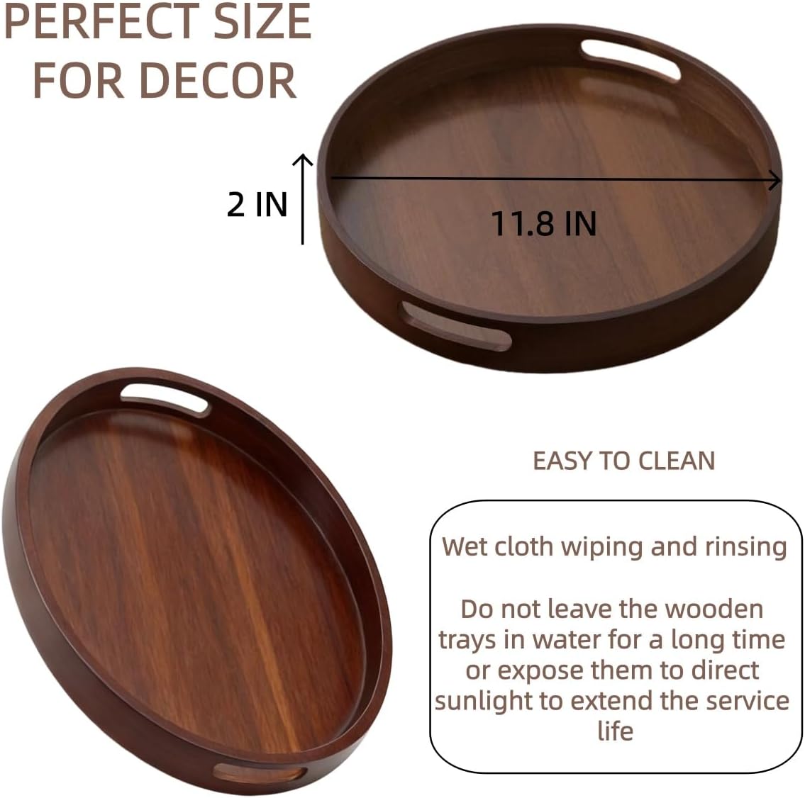 11.8 Inch Rustic Wood Serving Tray with Handles-Small Round, Decorative Tray for Kitchen Living Room Coffee Table Candle Display Breakfast in Bed, Multi-Functional Food & Beverage Tray Farmhouse Style