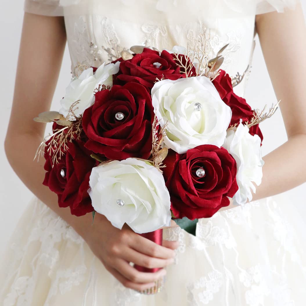 Hochzeit Braut Blumenstrauß,Künstliche Hand Blumen Rosen Brautstrauß Brautjungfer für Zeremonie Jahrestag Partei Braut Dusche Dekoration Hochzeit Sträuße (Burgunderrot Weiß)