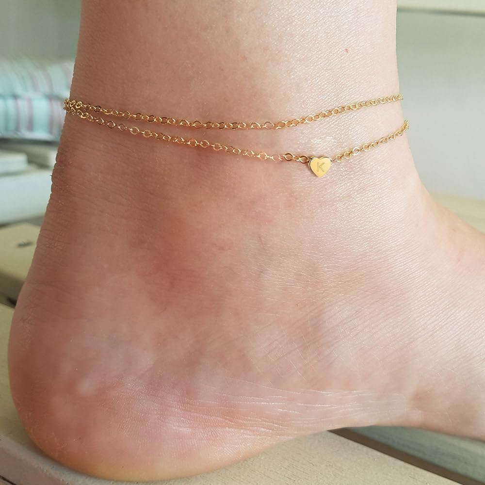 Turandoss Heart Initial Ankle Bracelets for Women, 14K Gold Filled Handmade Dainty Layered Anklet Letter Initial Heart Ankle Bracelets for Women Beach Jewelry Gifts