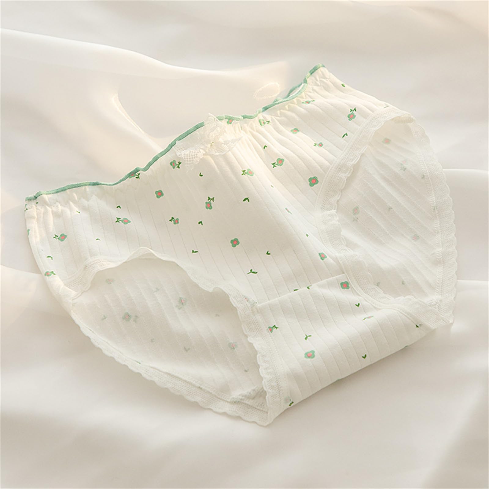 Paquete de 5 bragas de algodón de tiro medio para mujer con patrones florales verdes a cuadros con lazos de encaje dulce