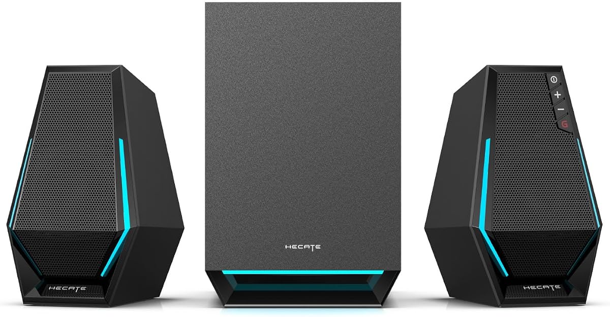 Altavoces ligeros para juegos G1500 MAX 2.1 RGB con subwoofer de madera de 4" | Potencia máxima de 60 W, subwoofer de 4" y altavoces satélite de 2,5", Bluetooth 5.3 y conexiones multicableadas, 3 modos de sonido