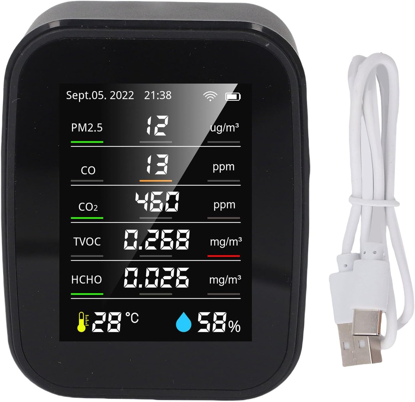 Yctze Professional Indoor Air Quality Monitor, PM2.5 HCHO TVOC Detector with Color Screen & Rechargeable Battery, Ideal for Home Office Basement