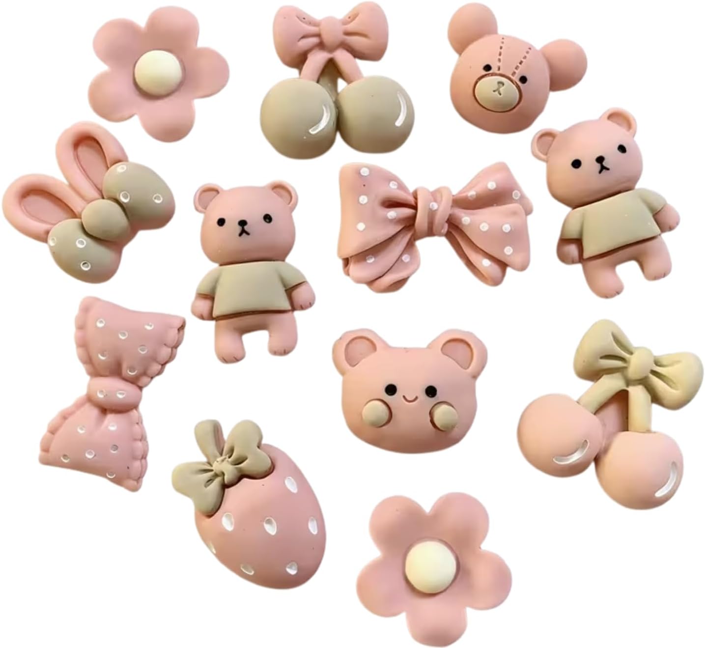 Pink Bear Shoe Charms, 12 Pack Cute Bow Cherry and Flower Charms for Clog Shoes, Dusty Rose and Sage Aesthetic Decorations for Sandals, Coquette Accessories for Women and Teens