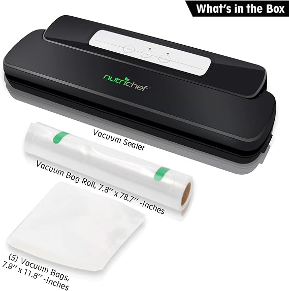 NutriChef Automatic Handheld Sealer Vacuum Machine -Storage for Dry or Moist Product Home Kitchen Heat Sealing System -Simple & Compact Fresh Saver Meal -Food Plastic Roll Bag Starter Kit -AZPKVS10BK