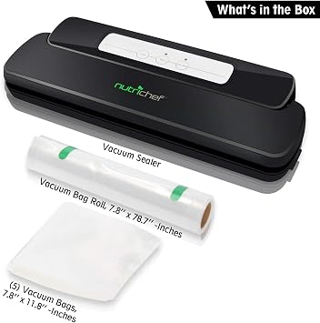 NutriChef Automatic Handheld Sealer Vacuum Machine -Storage for Dry or Moist Product Home Kitchen Heat Sealing System -Simple & Compact Fresh Saver Meal -Food Plastic Roll Bag Starter Kit -AZPKVS10BK