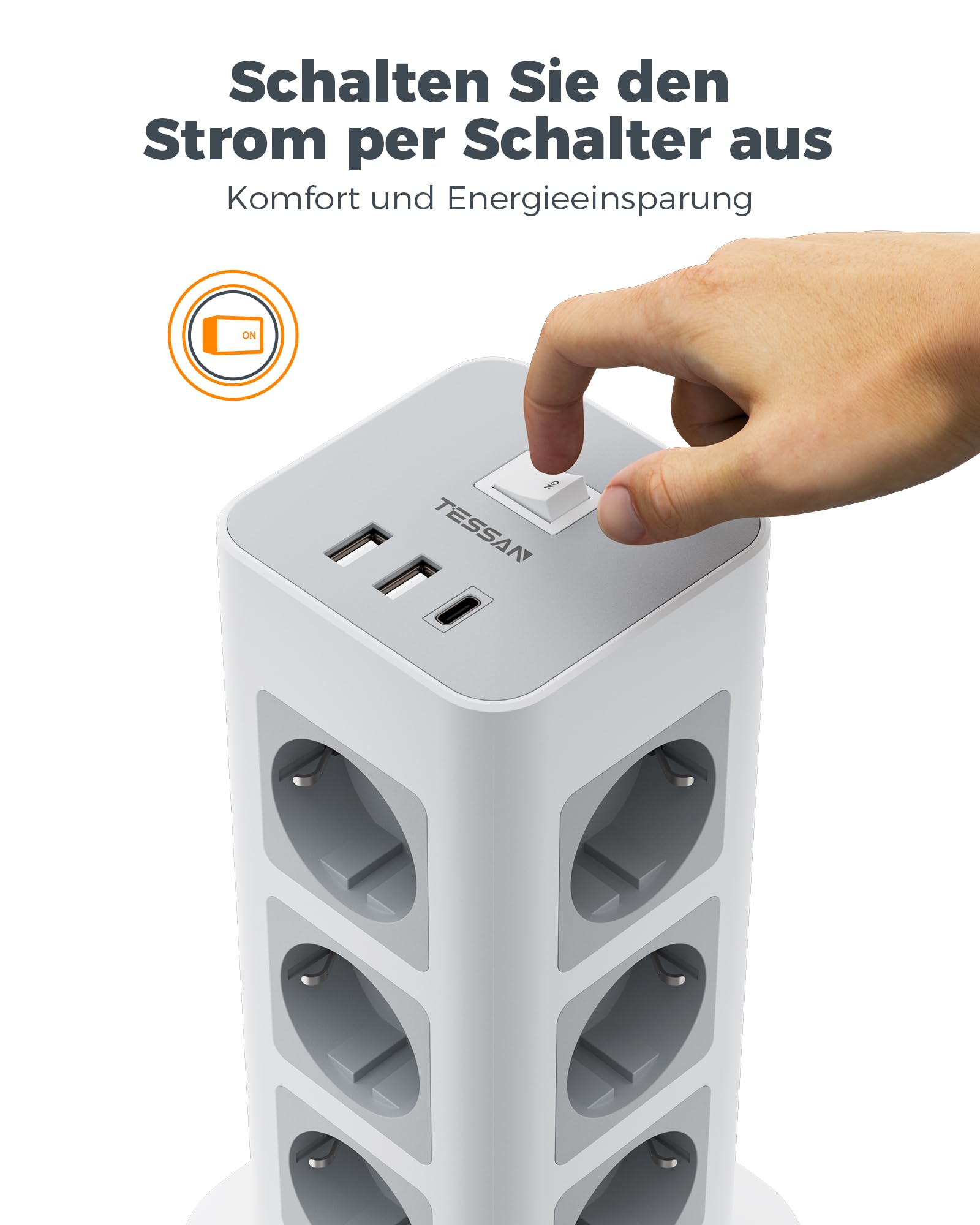 TESSAN Regletas Enchufes con 1 USB C y 2 USB A, regleta 12 enchufes, 10M | Proteccion Sobretension, Interruptor Individual, 15 en 1 Torre Multiple 3600W, Gris, Alargador 10M
