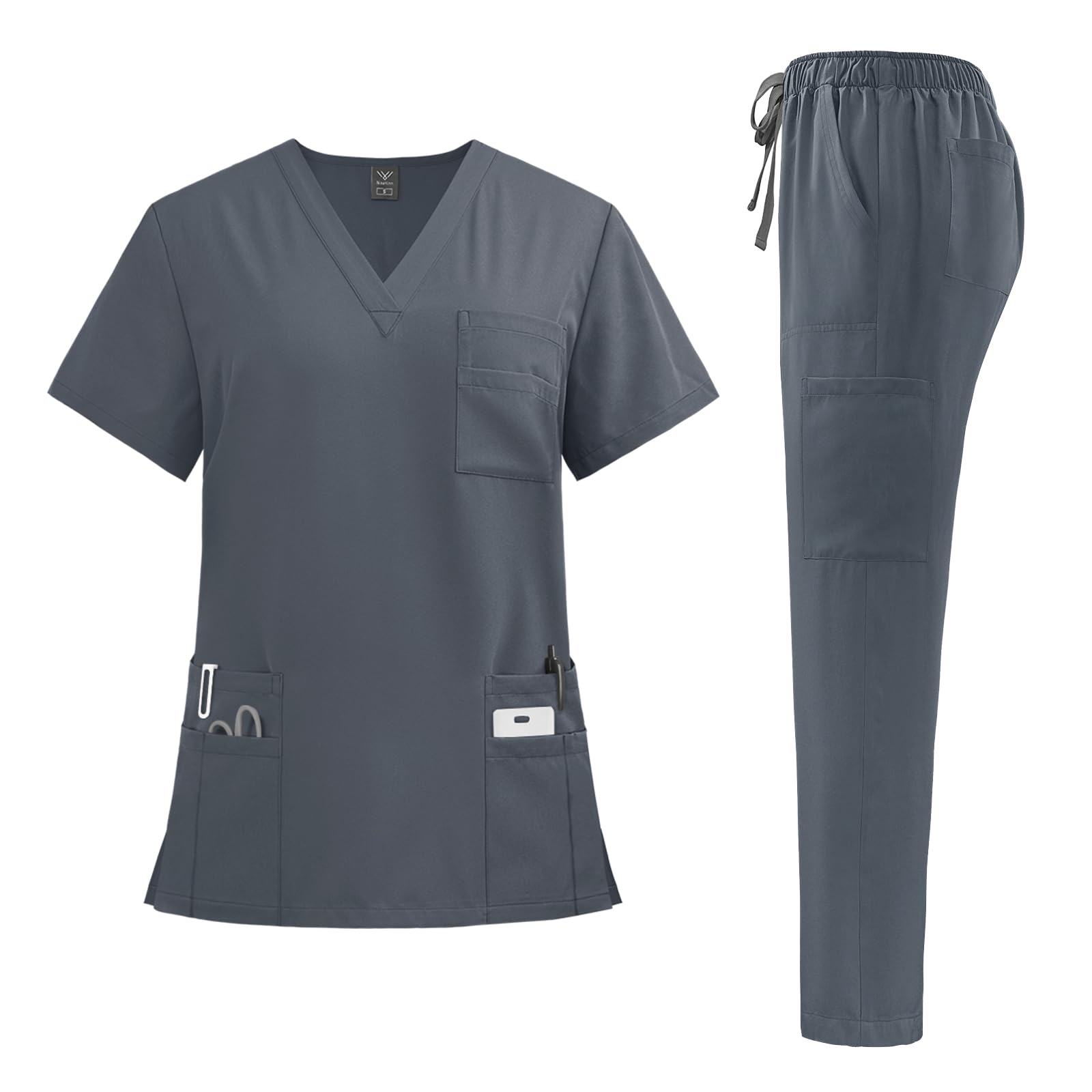 niaahinn Scrubs for Women Set - Stretch Scrub Top & Cargo Pants with Multi Pocket (Gray, Small)