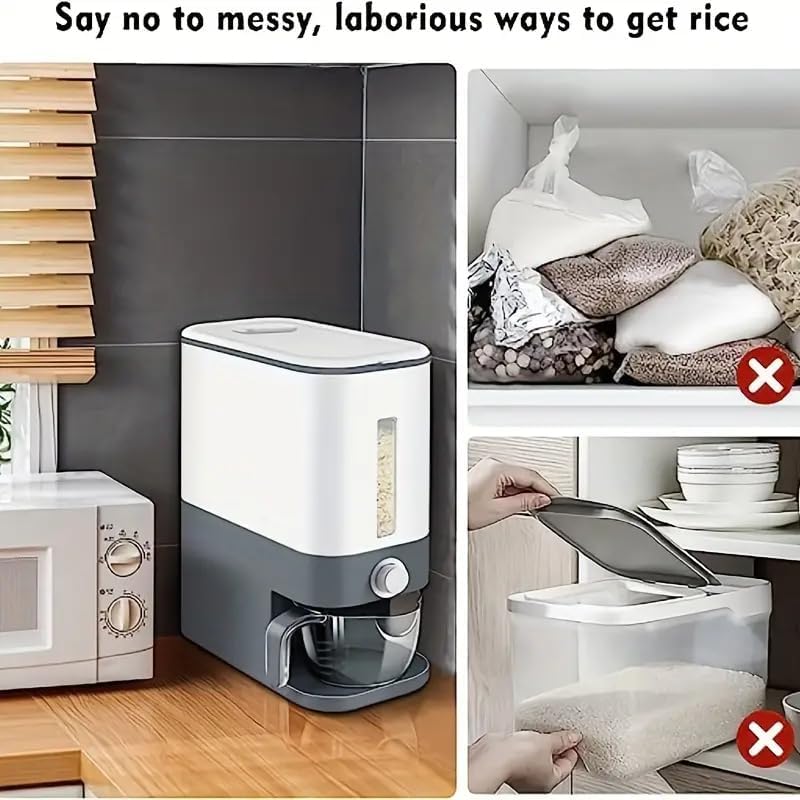 Miniatura 3 de Cubo dispensador de arroz con abertura gris, contenedor grande de grano sellado con taza medidora, contenedores de almacenamiento de alimentos secos
