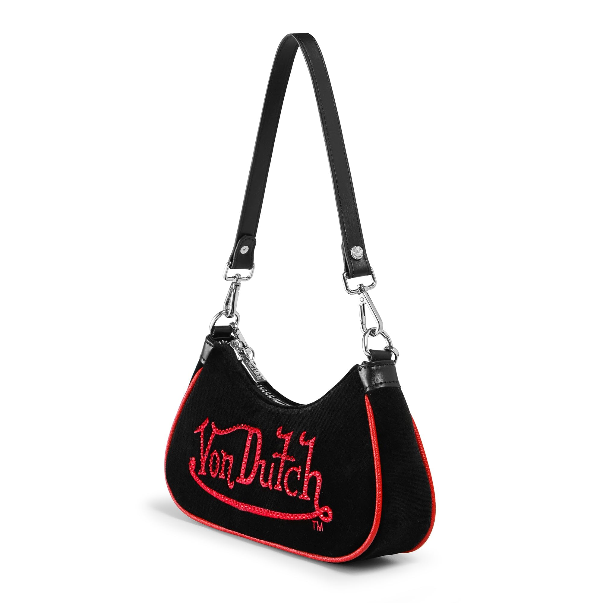 Von Dutch Womens Rhinestone Shoulder Bag – Stylish Handbag with Adjustable Strap, Spacious Interior, and Iconic Logo Design (Black and Red Rhinestone)