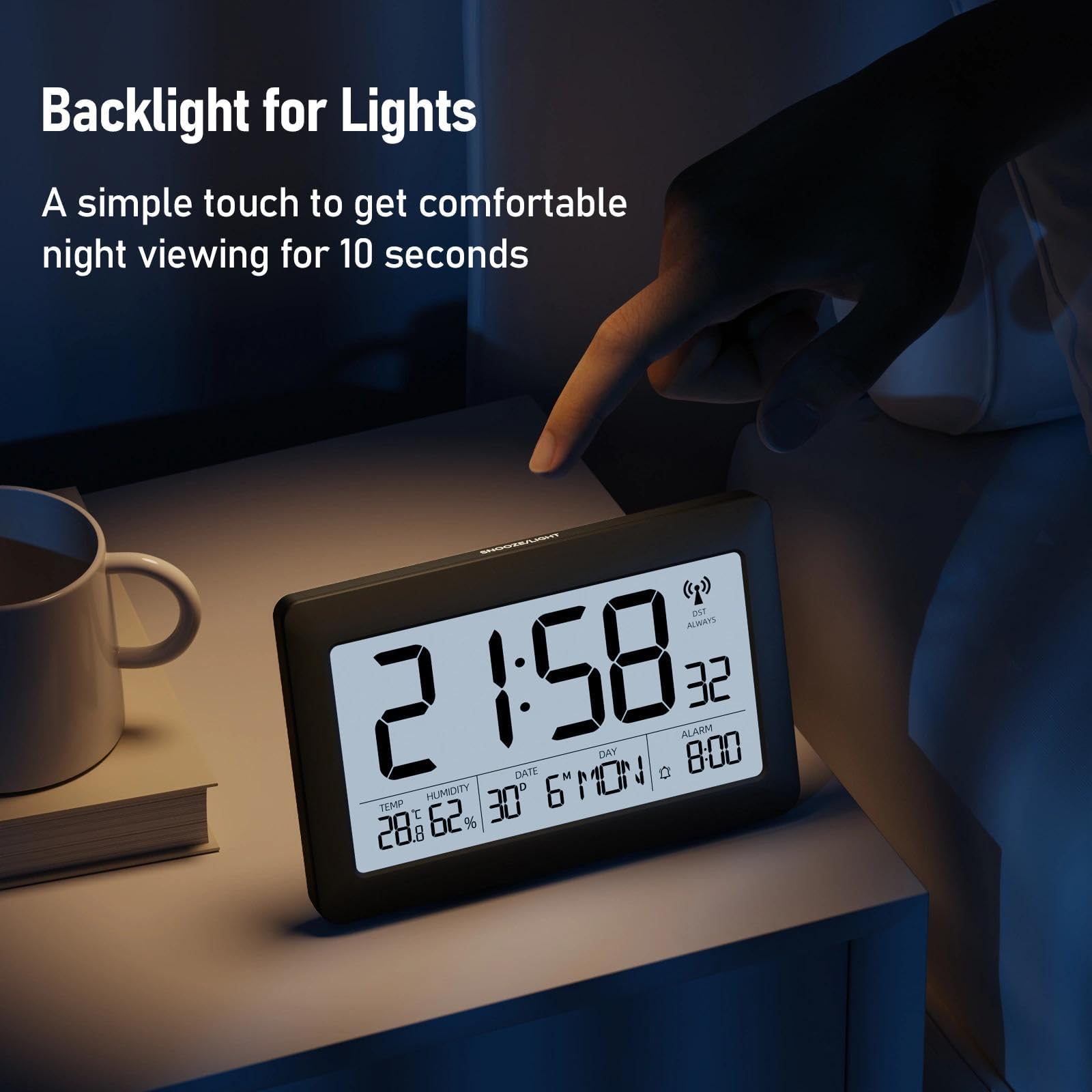 LATEC Orologio, Sveglia Digitale Radio Controllata con Ampio Schermo LCD da 7,5" - Orologio Digitale a Batteria con Temperatura/Umidità/Calendario - Sveglia/Funzione Snooze – Retroilluminazione