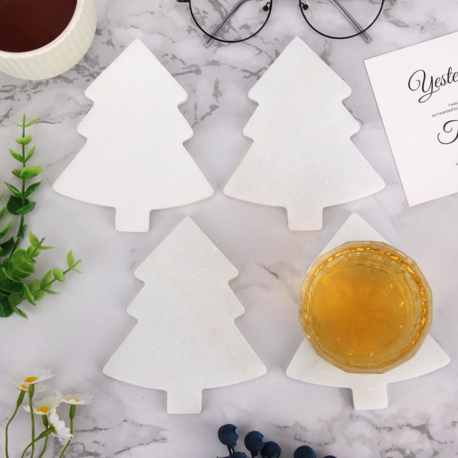 Marble Coasters Set of 6-4 Inch Snowflake Design White Natural Stone Drink Coasters, Modern Luxury Outdoor Cup Coaster Table Protection for Coffee Tab (6, 4 Inch) (4, White, Pine Tree)