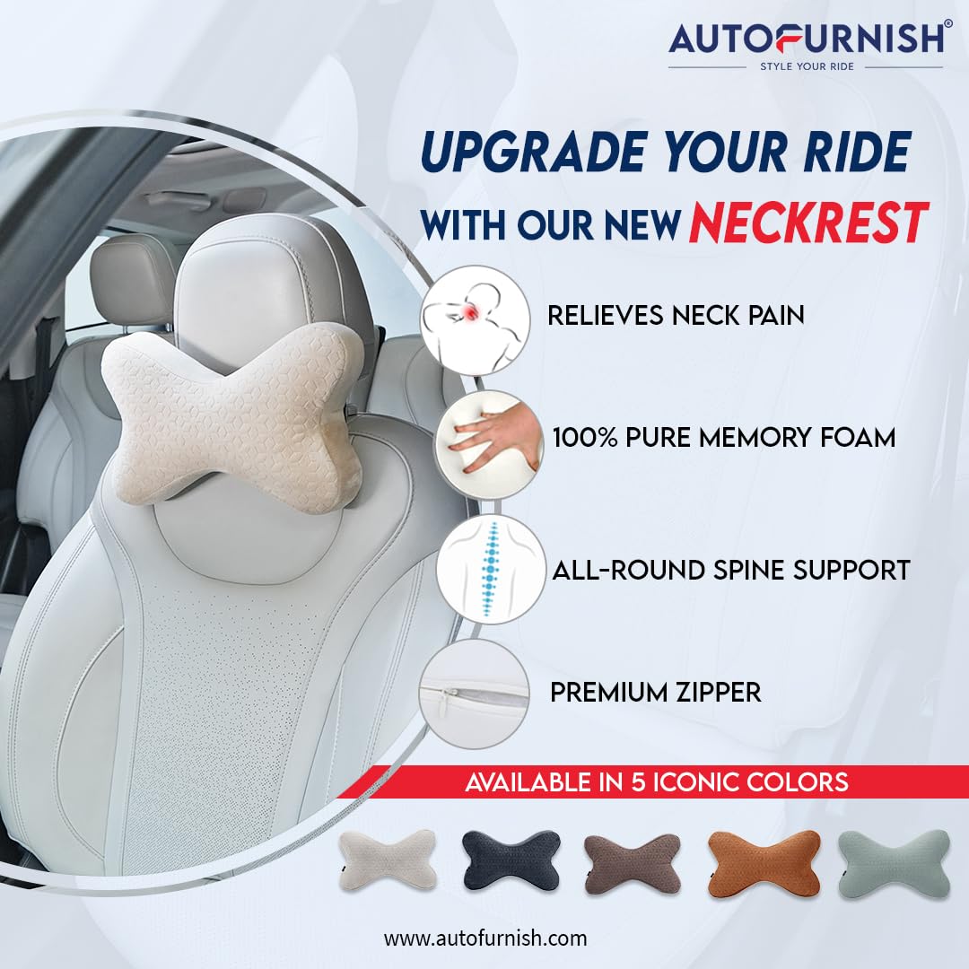 AutoFurnish Plush Car Neck Rest Pillow | Ultrasoft Memory Foam Pillow for Comfortable Car Rides | Superior Neck Support Cushion | Relieves Neck Pain & Improves Posture | Washable Velvet Cover | 3