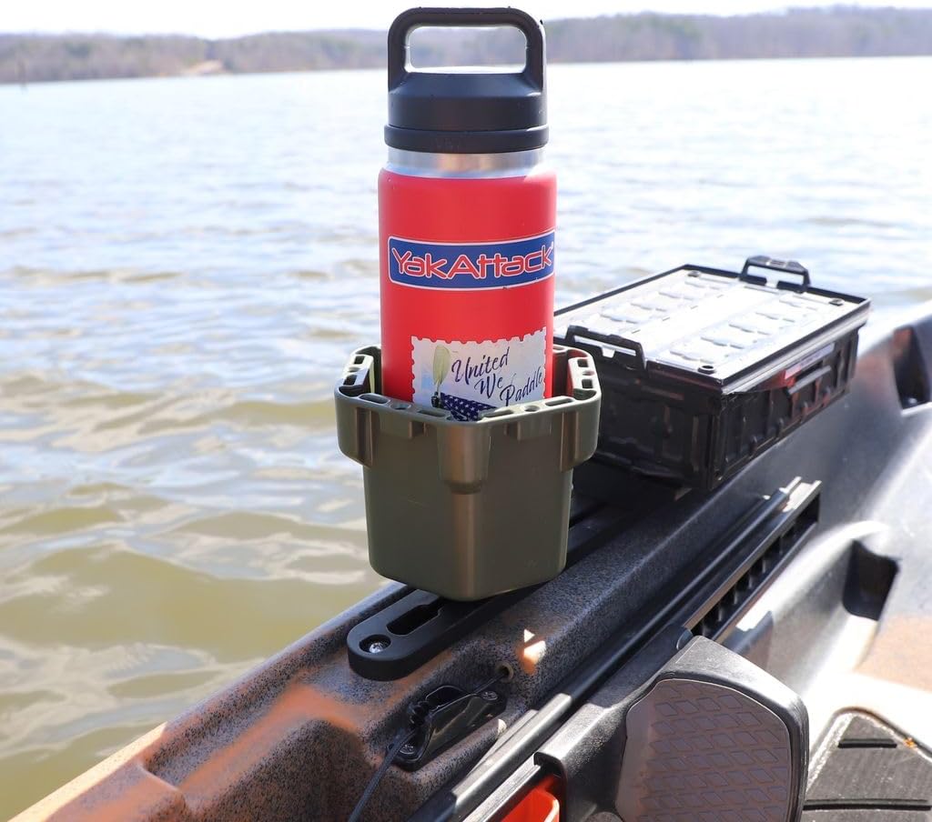 YakAttack Cup Holder Pro | Riggable Kayak Fishing Beverage Caddy | Compatible with GearTrac, MightyMount, & GridLoc | Universal Track Rail Mount | Marine-Grade Drink Holder & Gear Base