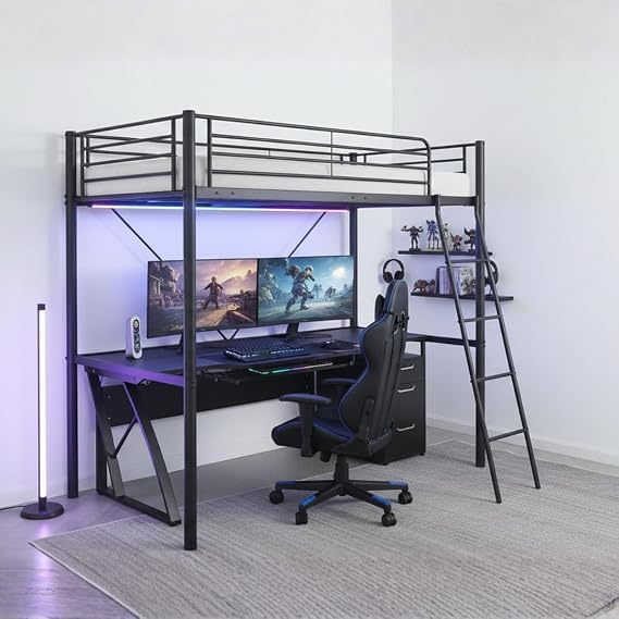 Reinforced Beds Newton High Sleeper Bed Frame, Heavy Duty Metal Loft Bed for Kids & Teens, 90 x 190 cm Single, Black, Reinforced Steel Frame, Reversible Ladder, 147cm Underbed Clearance, Space Saving