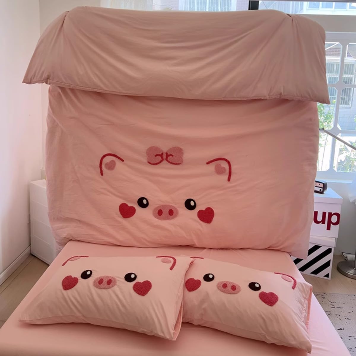 Pink Kids Bedding Set for Girls Heart Pig 4-Piece Cartoon Cute Quilt Set Children Soft All Season Bedding Set (1.5m/59 Bed,Pig)