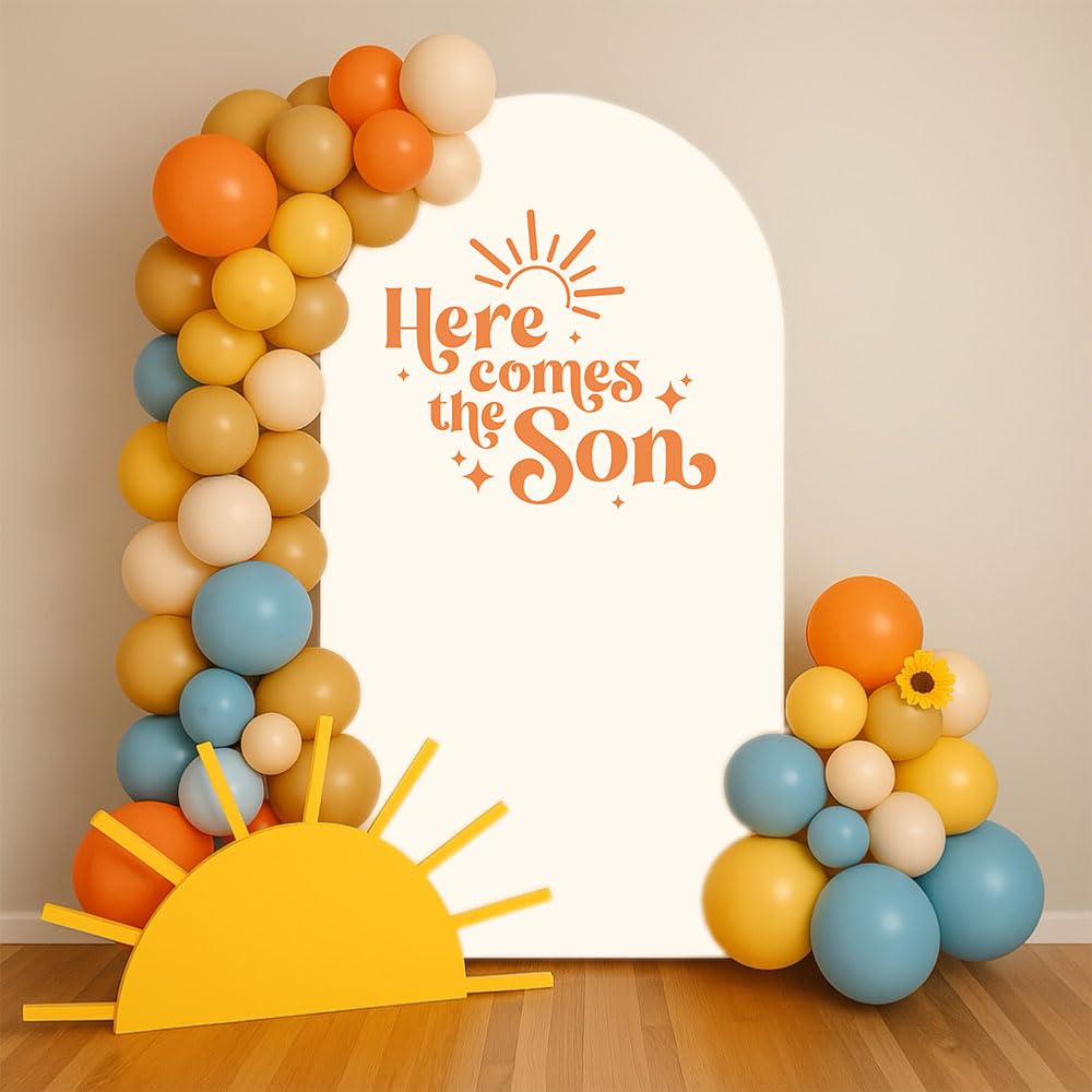 Arch Backdrop Cover Here Comes The Son Baby Shower Double-Sided Arch Spandex Cover Sun Sunrise Rainbows Birthday Party Fiesta Decorations Supplies (