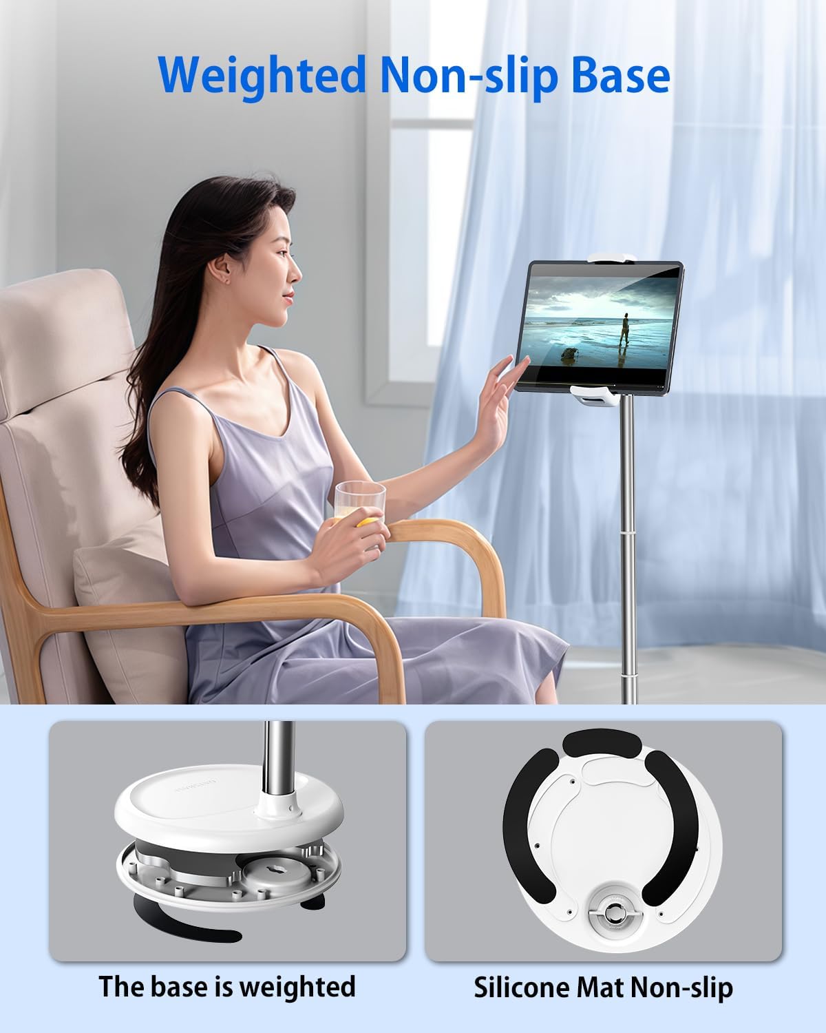 OATSBASF Tablet Floor Stand Holder, Height Adjustable(12-34.6 inch) 360° Rotatable iPad Stand with Heavy Base, Adjustable Holder for 4"-12.9" Devices Including iPhone, iPad, Kindle, Switch, White