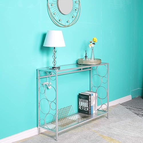 Miniatura 4 de SSLine Mesa consola de vidrio templado, mesa de sofá de cristal transparente, mesas de entrada con estante para pasillo, sofá, sala de estar,