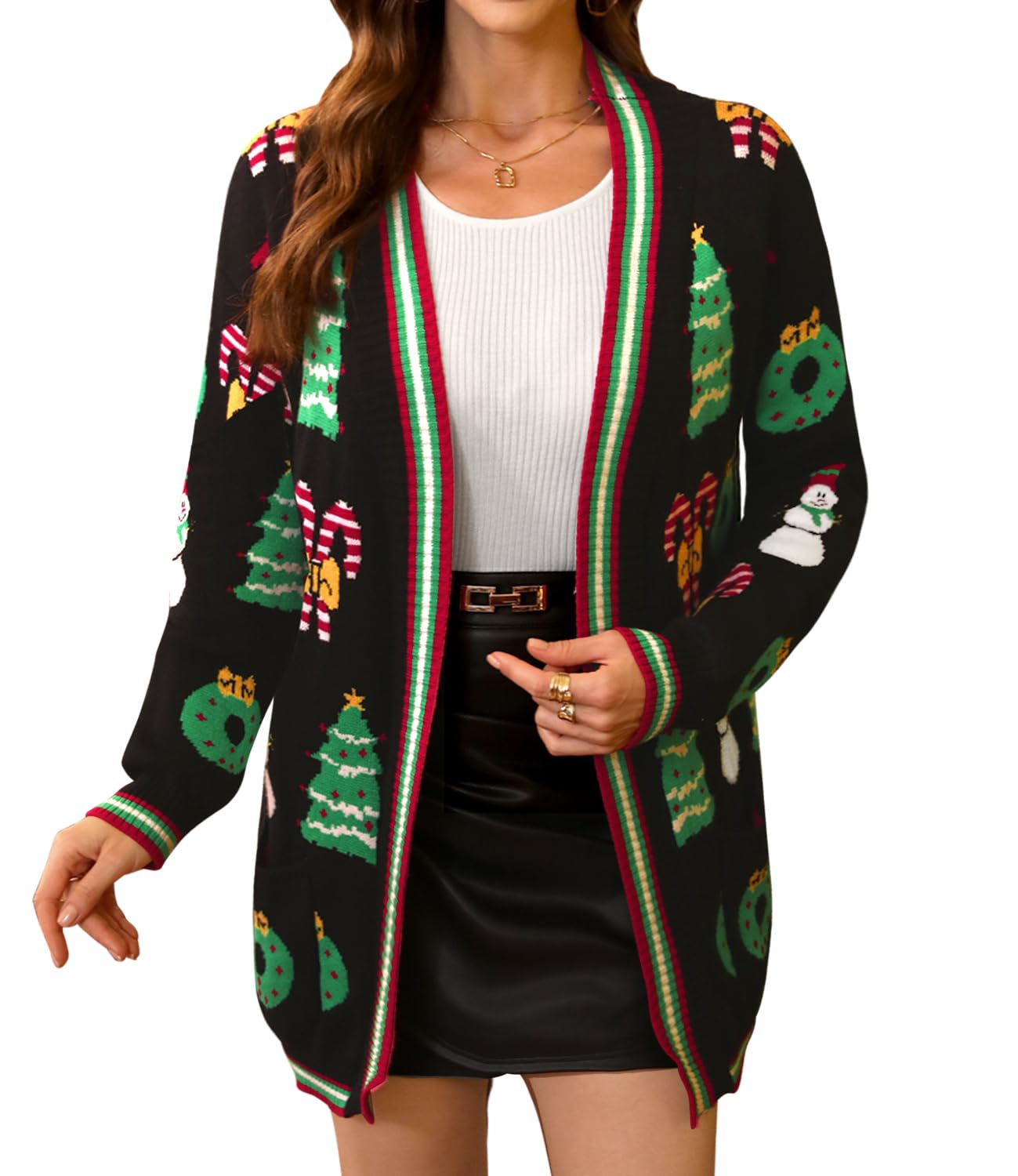 For G and PL Womens Ugly Christmas Sweater Funny Cute Open Front Cardigan with Pockets