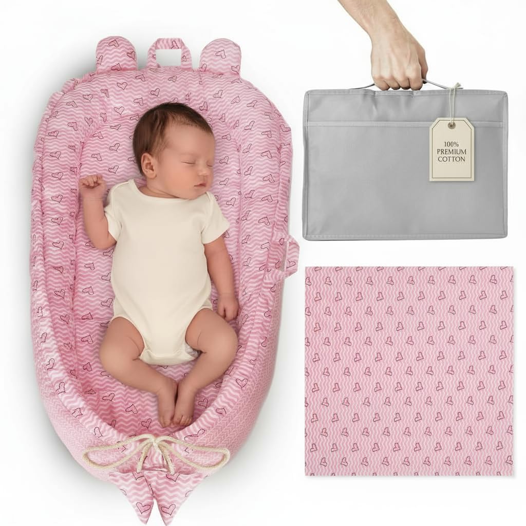 Nido neonato 90x50cm - Letto nido per bebè - Riduttore per culla - Mini culla - Cesta per neonato - Culla portatile o da viaggio - Mussola leggera 80x80cm - 100% cotone (Cuori rosa)