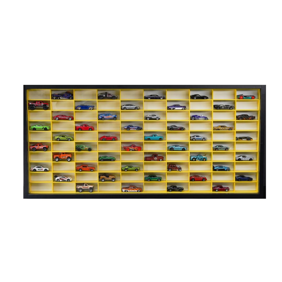 Vitrina Expositor H100 MN C-P | Compatible con Hot Wheels | Capacidad 100 Coches | Vitrina para colección | Organizador de Coches |con Puerta | (Negro-Interior-Amarillo)