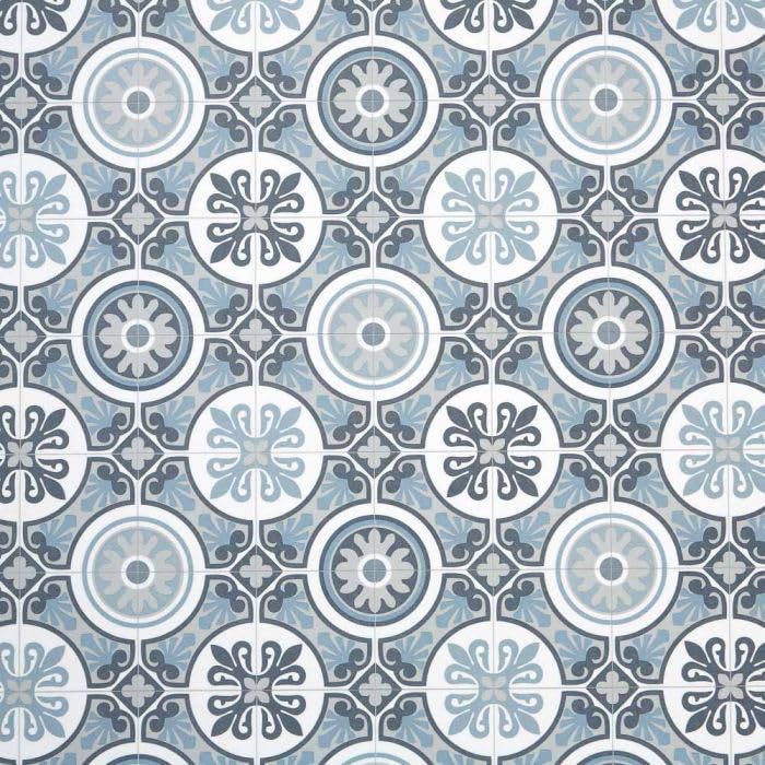 Moroccan Tile Design Cushion Vinyl Flooring Sheet White Grey & Blue Patterned Non Slip Lino Conservatory Kitchen Bathroom Floor (Tangier 09, 2m x 2m)