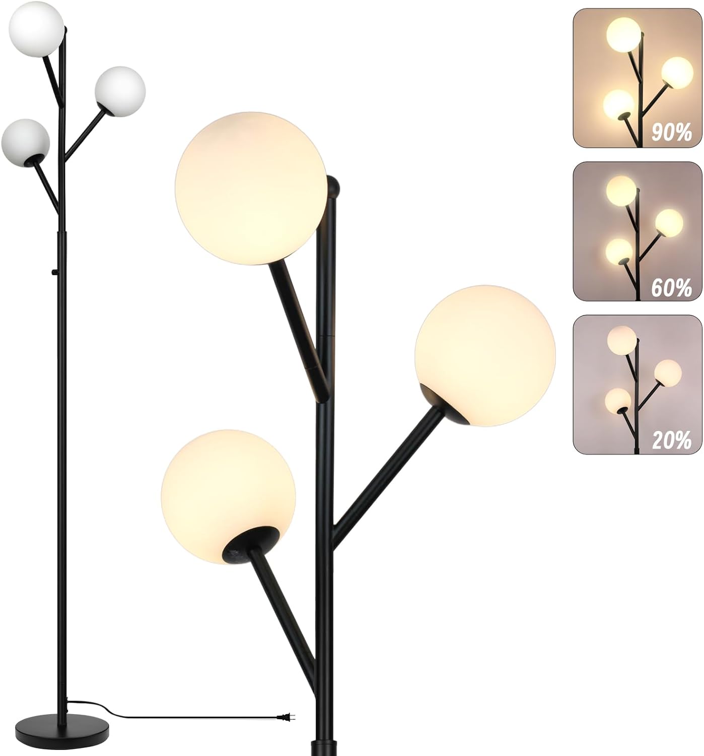 3-Globe Mid Century Black Tree Floor Lamp for Living Room,70in Tall Modern Stepless Dimmable Standing Lamp with Frosted Glass Shade for Office Bedroom, Study Room Bulbs Included(dimmer-Black)