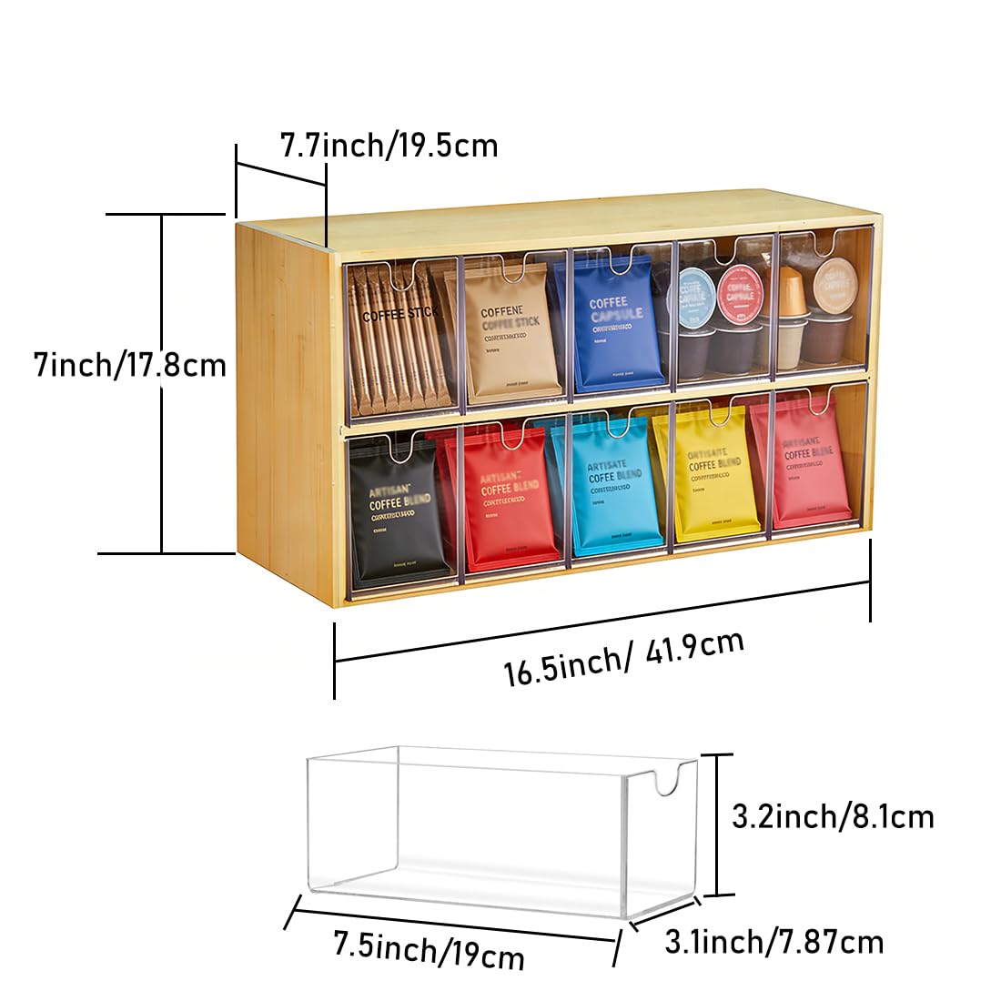 Teebeutel Behälter, Bambus Halterung für Teebeutel, Teebeutelbox, Teebeutel Organizer, Aufbewahrungsbox zur Tee Organizer Für Büro, Küche und Schrank (2 Ebenen)