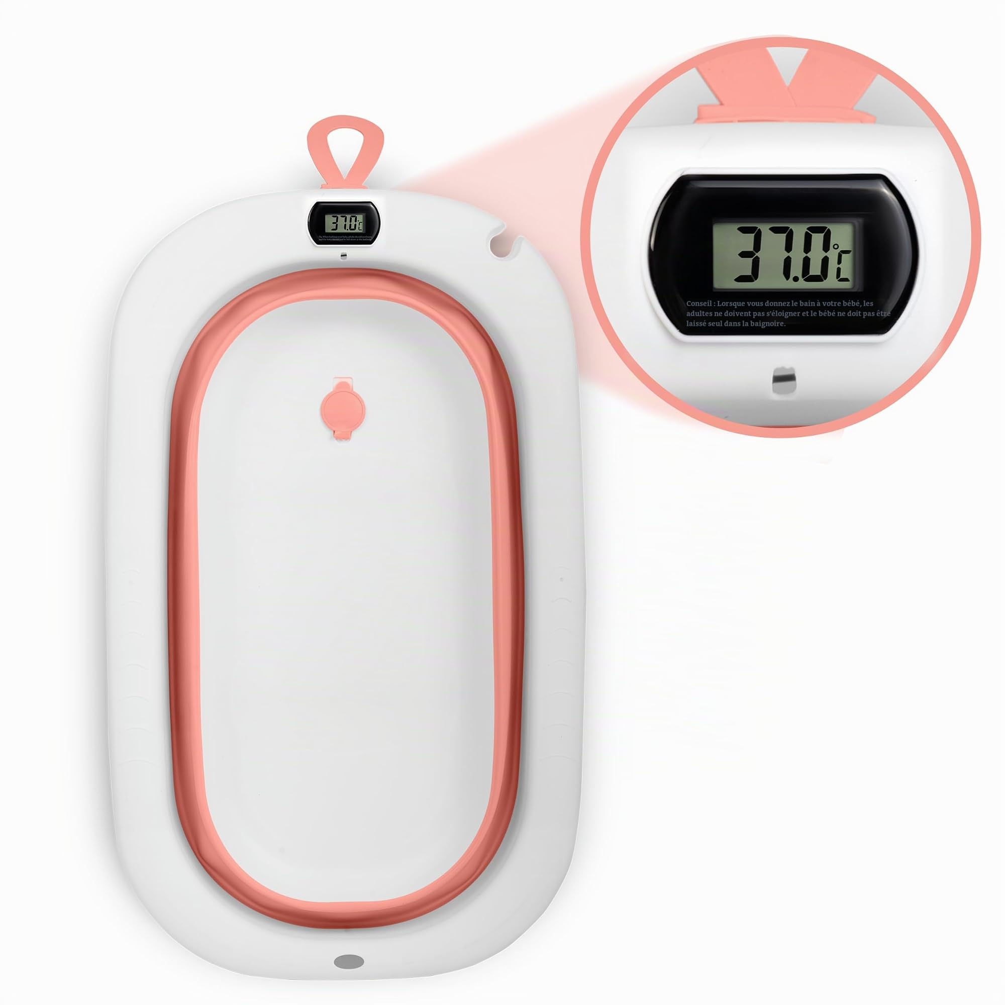 Ricokids Baignoire pour bébé avec support, thermomètre et coussin de bain, pliable, légère et antidérapante, blanc/rose