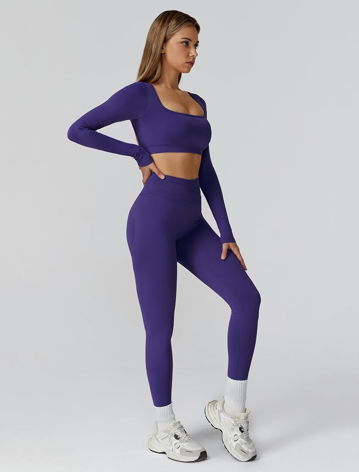 ABOCIW Workout Sets for Women 2 Piece Seamless Backless Long Sleeve Crop Top High Waisted Leggings Gym Sets - Image 4