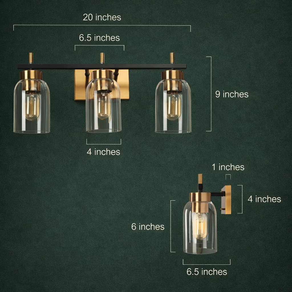KSANA 3-Light Bathroom Vanity Light, Black and Electroplated Brass Wall Light with Clear Glass Shades, Modern Vanity Light Fixture for Bathroom, Mirror, Bedroom