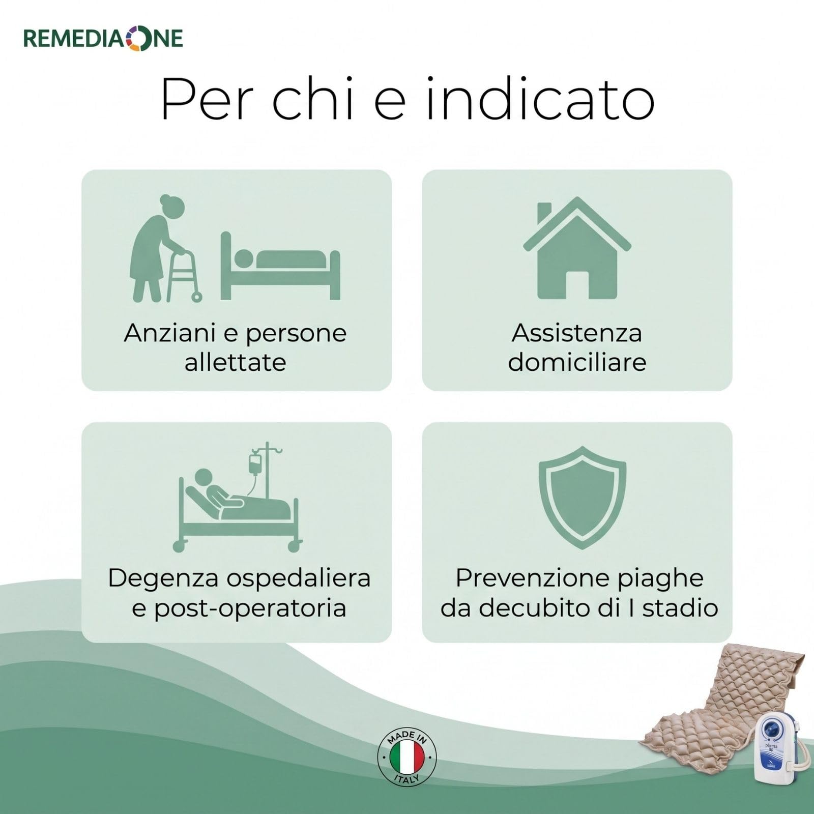 REMEDIA ONE - Materasso Antidecubito per Anziani ad Aria 130 Bolle | Pressione Alternata, Compressore Silenzioso, Portata 135 kg, PVC Medicale, Idoneo Fornitura ASL