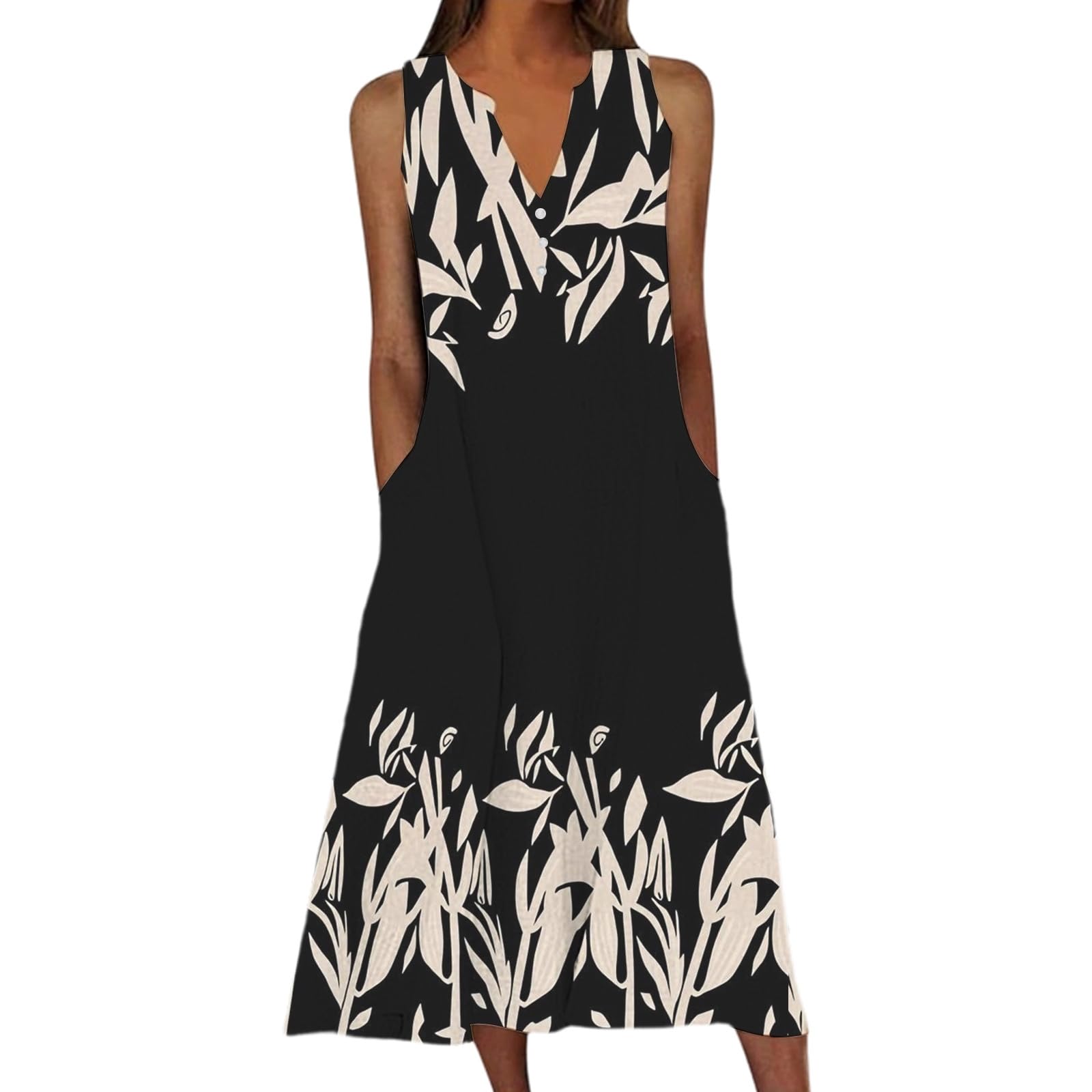 Robe d'été sans manches boutonnée avec imprimé de fleurs fraîches de saison - 5