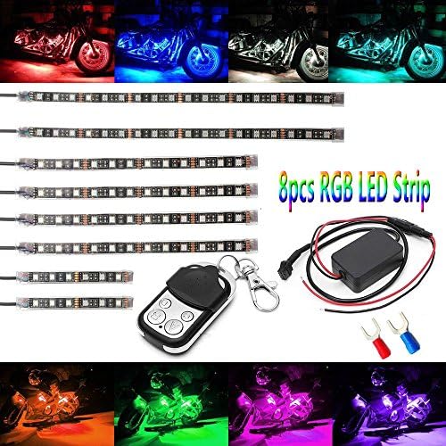 Shinight Motorcycle LED Light Flexible Strip Kit, 8Pcs Multi-Color Neon Accent Glow Lights with RF Remote Controller for Harley Davidson Honda Kawasaki Suzuki Ducati Polaris KTM BMW