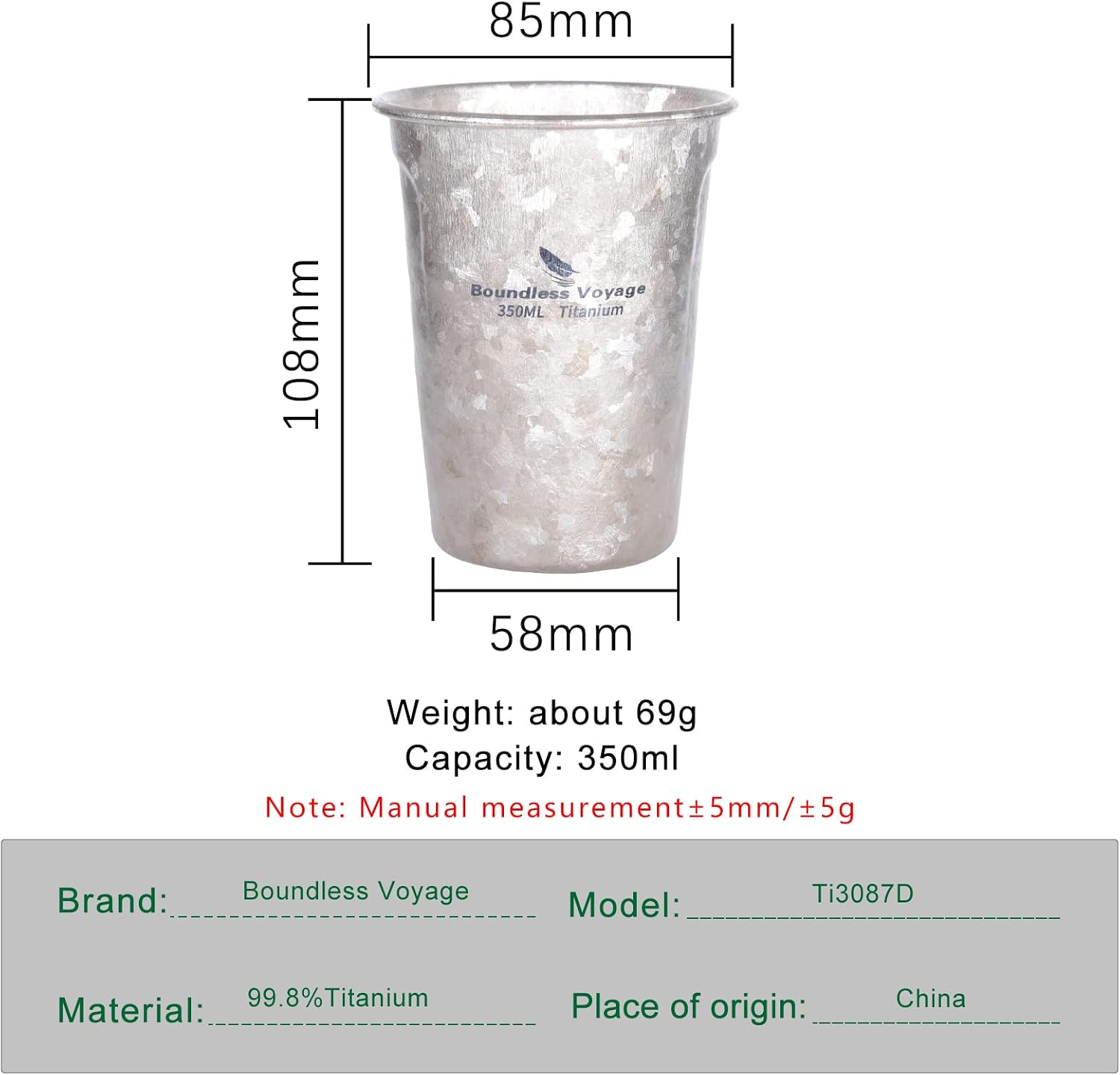 Boundless Voyage Titanium Cup 350ml/12fl oz Lightweight Beer Cup for Camping Travel Portable Coffee Tea Drinking Cup Water Mug