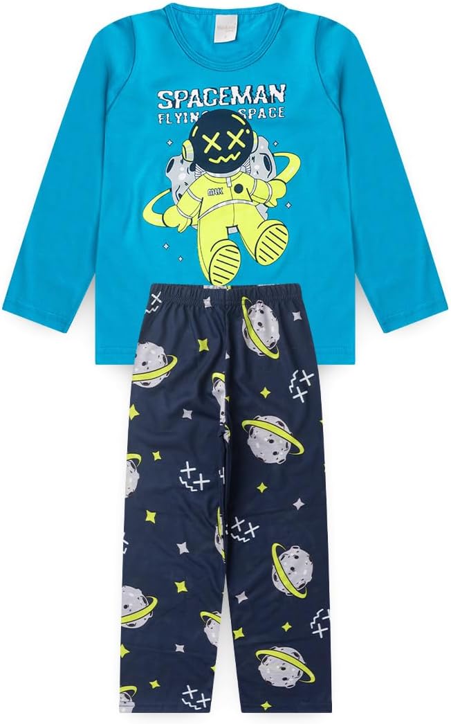 Pijama Longo Infantil Menino Blusa e Calça Astronauta Brilha No Escuro