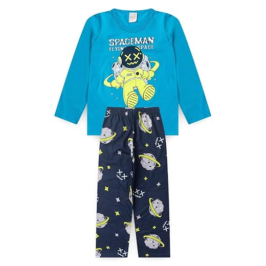 Pijama Longo Infantil Menino Blusa e Calça Astronauta Brilha No Escuro