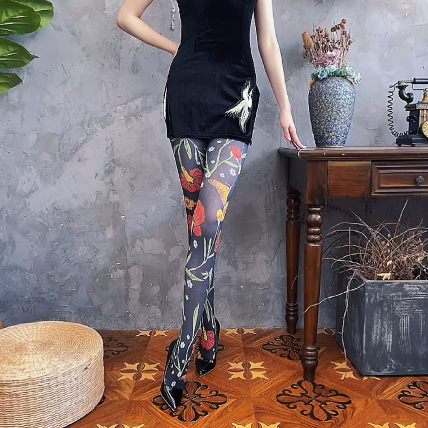 Image of Sahabowi Women Tights, Sheer High Waist Pantyhose, Vintage Control Top Stockings, Siwa opaque print1