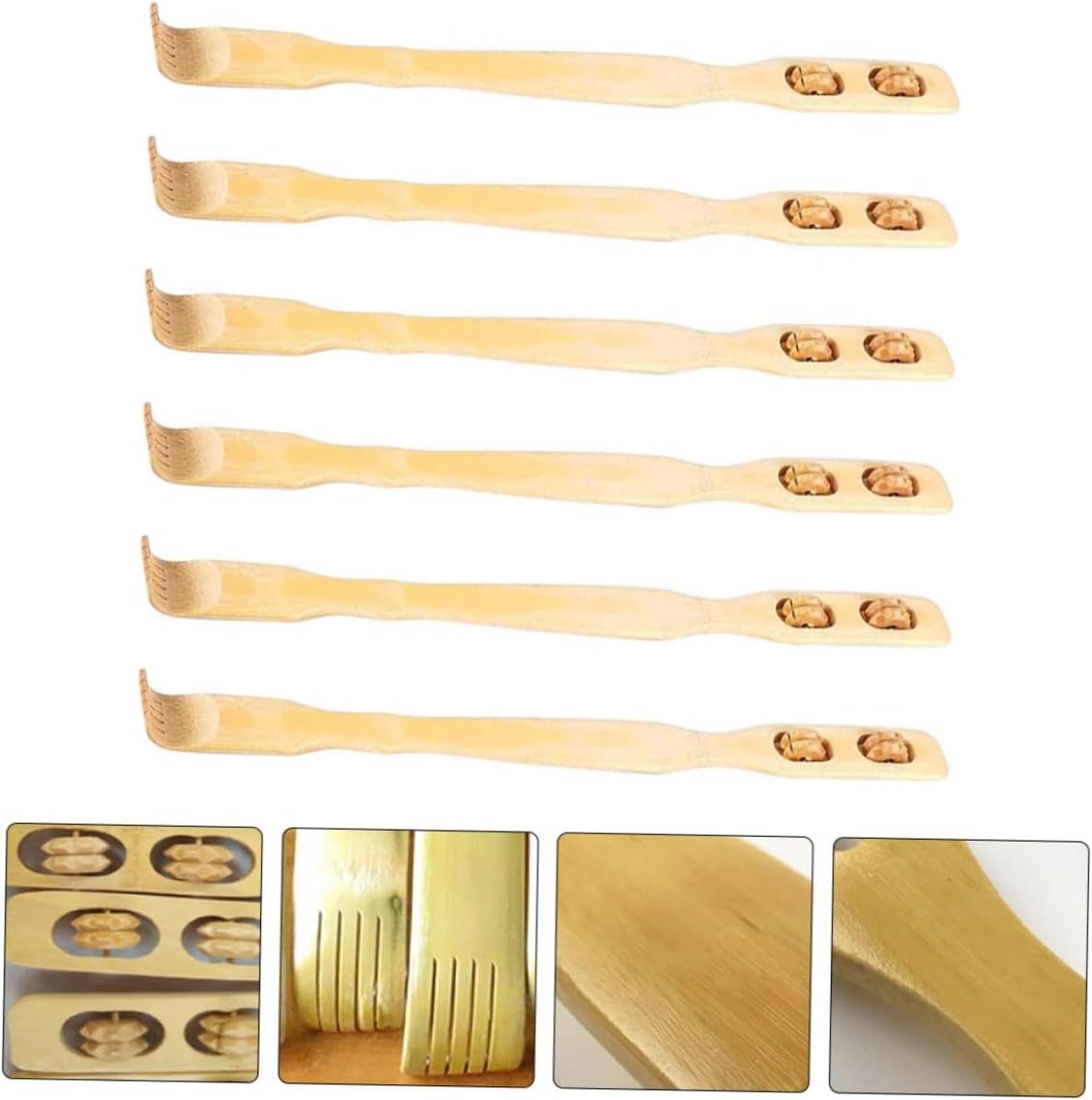 Mikinona 6Pcs Back Scratcher with Two-Wheel Massager, Natural Wooden Scratching Tool Set for Itchy Skin Relief and Portable Home Massage
